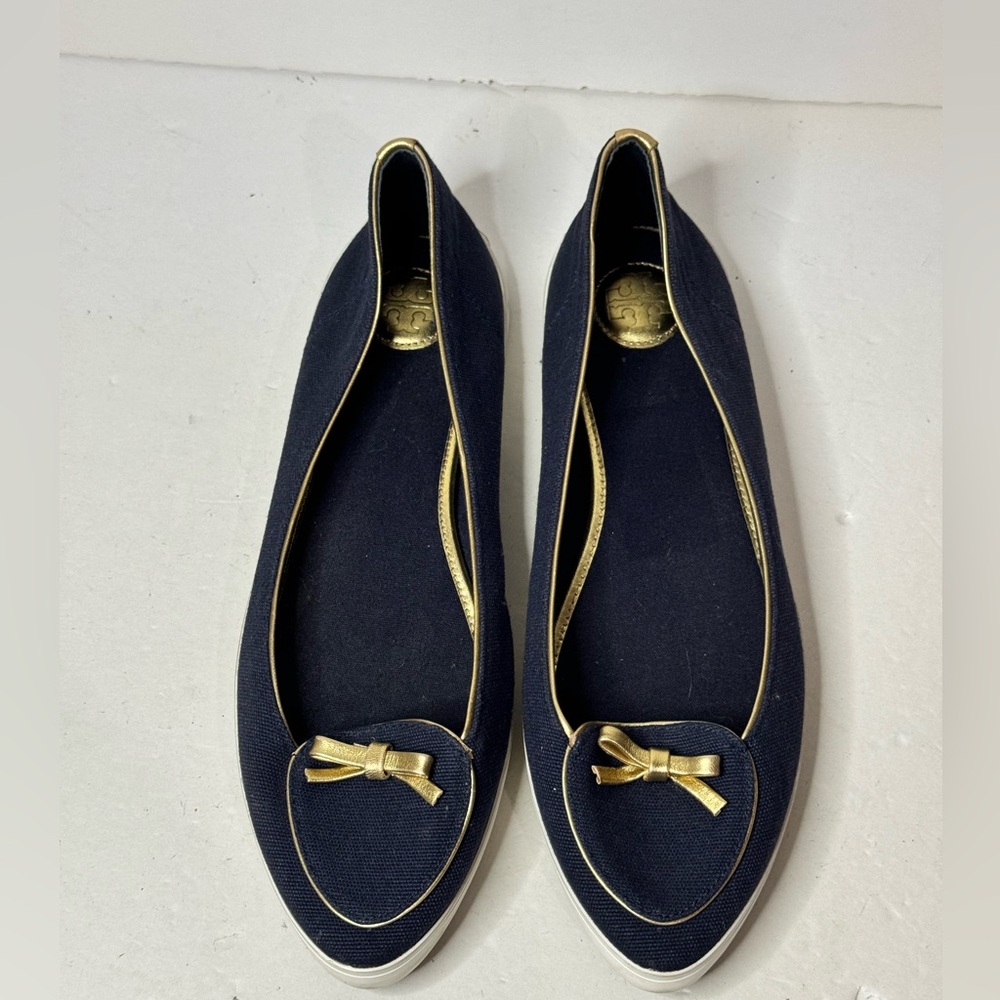 Tory Burch Dakota Ballerina Navy and Gold Flats